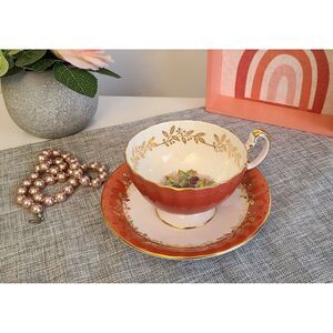 Signed D Jones Vintage Aynsley Orchard Fruit  Red Brick colour Teacup and Saucer